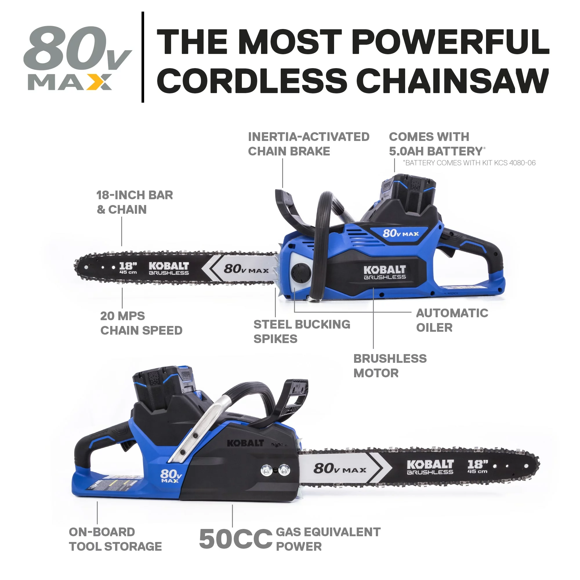 Kobalt 80-Volt Max 18-in Brushless Cordless Electric Chainsaw 5 Ah (Battery & Charger Included) - Outdoor Tools & Equipment - Image 2