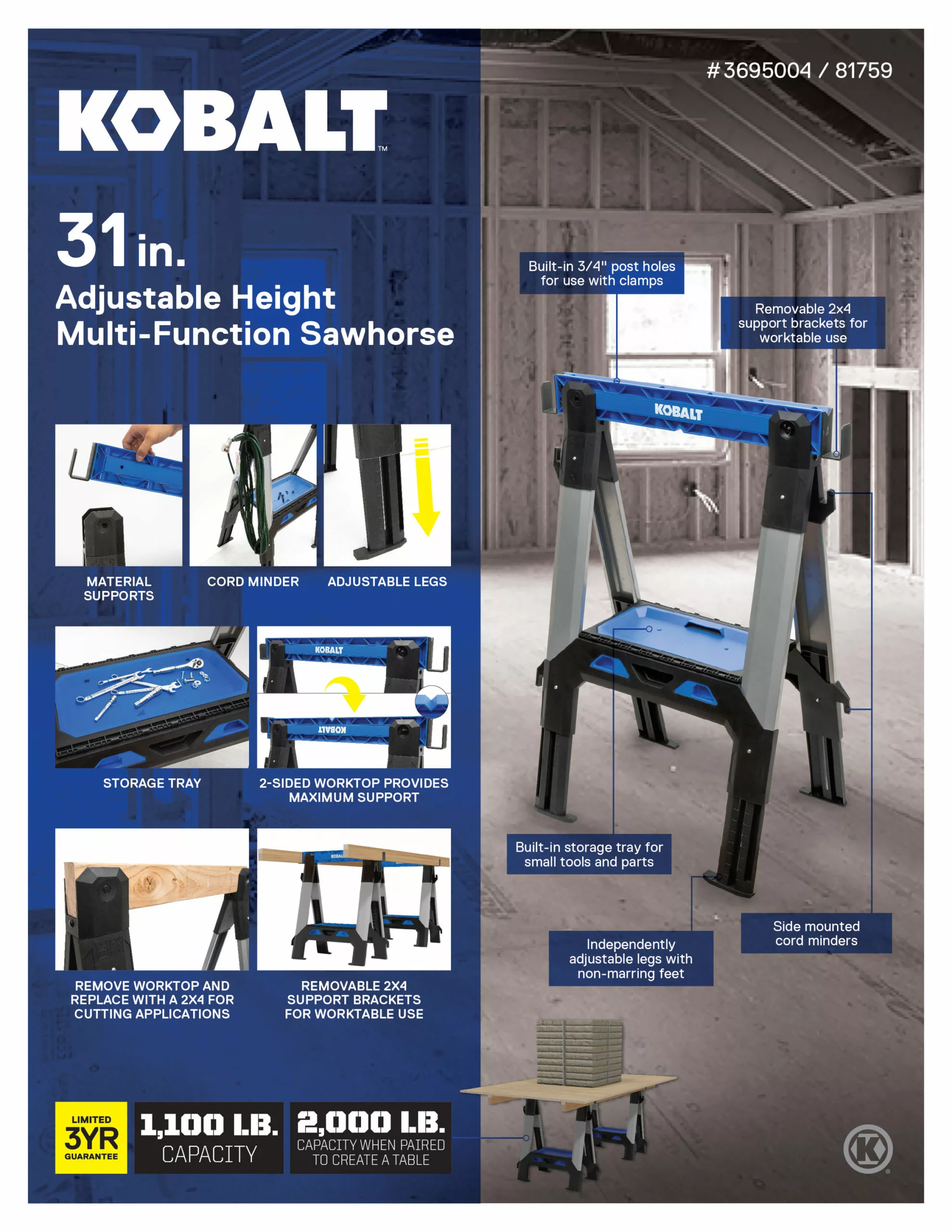 Kobalt 30.63-in W x 33.5-in H Adjustable Pp and Steel Construction Saw Horse (1000-lb Capacity) - Tool Storage & Work Benches - Image 6